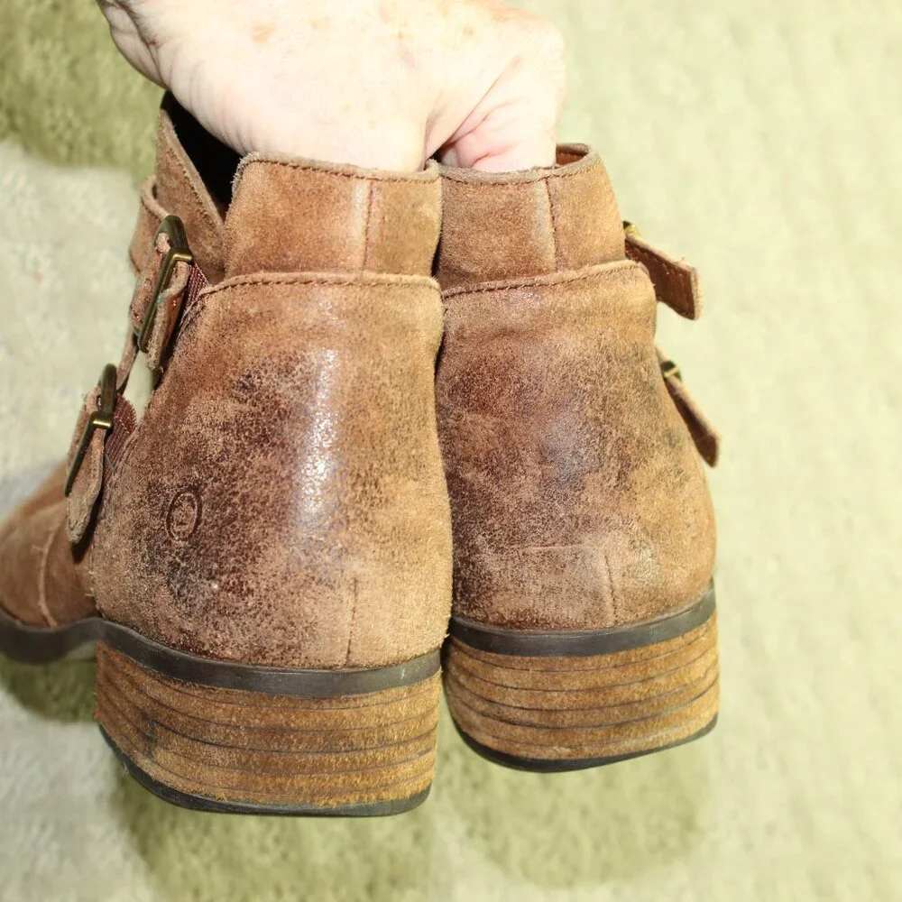Born 8M Brown Side Zip Brown Distressed Suede Strappy Buckle Ankle Booties